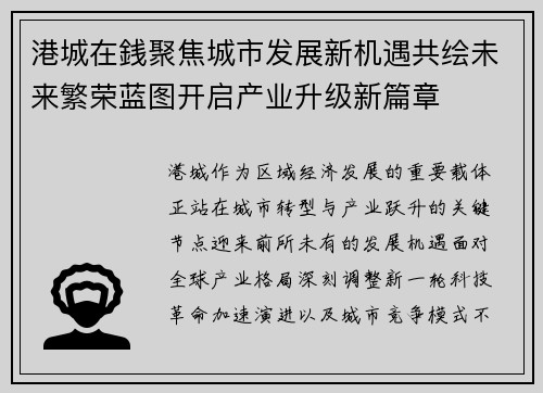 港城在銭聚焦城市发展新机遇共绘未来繁荣蓝图开启产业升级新篇章